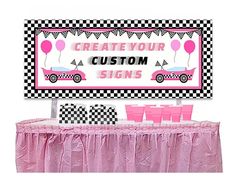 a pink car themed birthday party with checkered table cloths