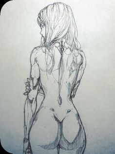 a drawing of a naked woman with long hair and no bra standing in front of a white wall