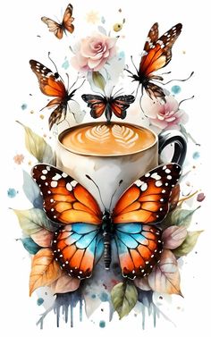 a cup of coffee with butterflies on top and flowers around the cup, surrounded by watercolor