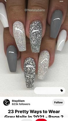 Grey Acrylic Nails, Nye Nails, Silver Nail Designs, Vegas Nails, Silver Glitter Nails, January Nails, Formal Nails, Nails Design With Rhinestones, Nail Designs Glitter