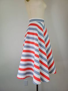 "Fabulous primary colors 1940s chevron striped cotton skirt. I bet there was a halter top that went with this originally, and I'm sure someone out there has the perfect matched on for this lovely skirt. Closes on the back with a 'Talon' brand metal zipper and button at the waistband. Can also wear it with the zipper on the side giving the skirt a different look, as shown in the last picture. Fabric is a medium weight linen weave cotton or cotton/rayon blend. Condition - Excellent condition with Floral Cotton Dress, Skirt Summer, Striped Skirt, Floral Sundress, 70s Dress, Chevron Stripe, Summer Skirts, Cotton Skirt, Spring Dress