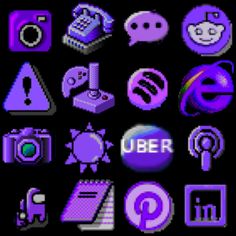 an old computer screen with various icons and symbols in purple on the bottom right corner