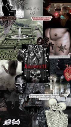 the collage shows different images and words in black and white, including an image of a man's torso