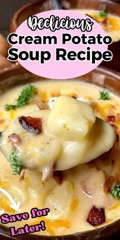 the cover of delicious cream potato soup recipe, with broccoli and cheese on top