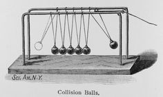 an old drawing of newton's pendulums on a wooden platform with the caption collision balls