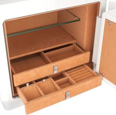 an open wooden box with drawers on the inside