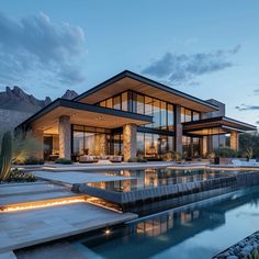 a large house with a pool in front of it at dusk, surrounded by mountains