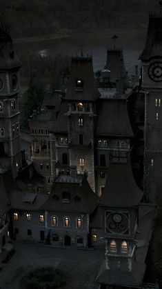 an aerial view of a castle at night