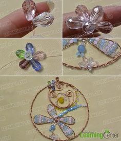 how to make wire wrapped flower pendants with bead and glass beads step by step