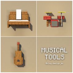 four different types of furniture made out of wood and metal, with the words musical tools above them