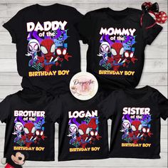 three shirts with spiderman and the words,'daddy of the birthday boy '