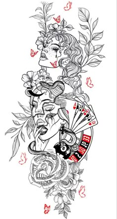 a drawing of a woman with flowers and playing cards in her hand, on a white background