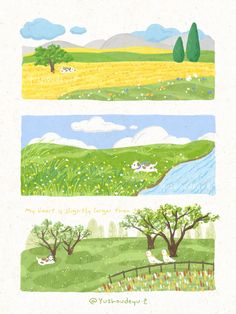 three different landscapes with trees and animals in them