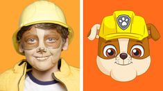 a boy wearing a yellow fireman's hat next to an image of a dog