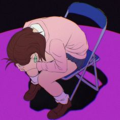 an animated image of a woman sitting in a chair with her head on her knees