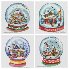 four snow globes with houses and christmas trees in them, all painted by cross stitch