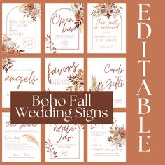 the boho fall wedding signs are shown in different colors and font, along with an orange background