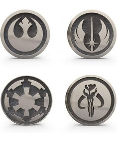 four different star wars emblems are shown in silver and black colors, including the symbol for