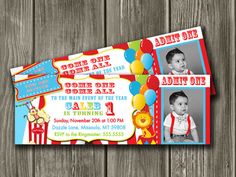 a ticket for a circus birthday party with balloons and clowns on the front, and an image of a child's face