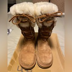 Ugg Montclair Style Chestnut Boots With Beige Fur On Top And Front Ties. Boots Are In Great Condition, Comes With Box. Shoe References, Chestnut Boots, Winter Trip, Shoes Ugg, Womens Uggs, Winter Rain, Ugg Shoes, Chestnut, Rain Boots