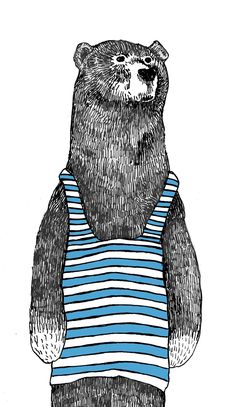 a black and white drawing of a bear wearing a striped t - shirt with his hands in his pockets