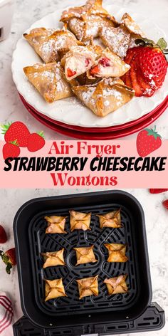 strawberry cheesecake wontons on a plate next to an air fryer with strawberries