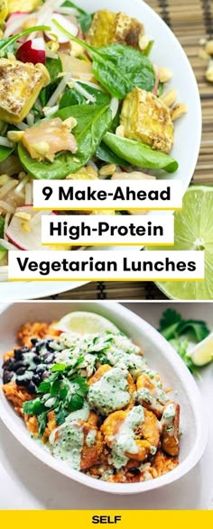 different types of salads with the words 9 make - ahead high protein vegetarian lunches