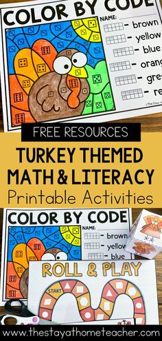 turkey themed math and literacy printable activities for kids to practice color by code skills