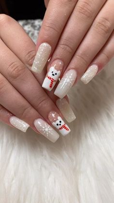 Christmas Nails Acrylic Reindeer, Simple Christmas Nails Acrylic Square, How To Draw Snowflakes On Nails, Christmas Deer Nails, Nails Acrylic Coffin Christmas, Snowman Acrylic Nails, Christmas Nails With Initials, Nails Acrylic November, Cute Winter Acrylic Nails