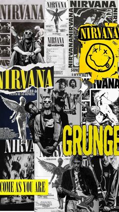 a collage of posters with the words nirvana and grunge