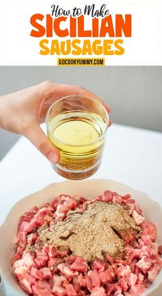 someone is pouring sauce into a bowl with ground meat and spices in it to make homemade sicilian sausages