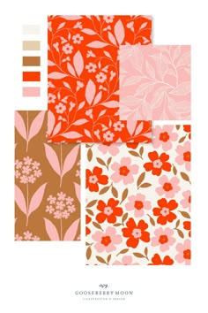 four different floral patterns in shades of pink, orange and brown with the words gorseberry moon on them