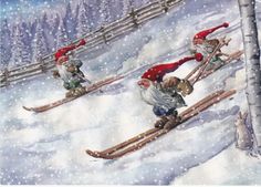 three people on skis in the snow with santa's hats and red caps