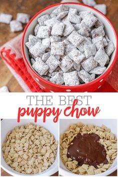 the best puppy choww recipe is shown in three different pictures, including chocolate and marshmallows