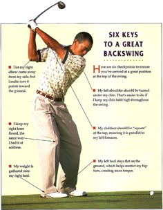 a man swinging a golf club with instructions on how to swing it and what to do