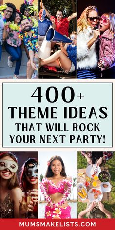 a collage of photos with the words, 100 + theme ideas that will rock your next party