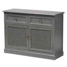 a gray cabinet with two doors and wicker panels on the front, sitting against a white background