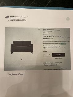 a black and white photo of a couch on a computer screen with the description below it