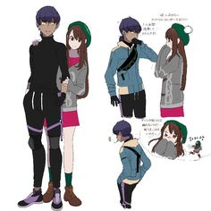 some anime characters with different outfits and hats on their heads, standing in front of each other