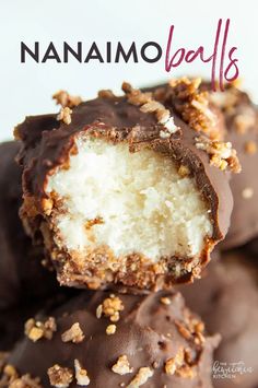 chocolate covered donut holes stacked on top of each other with text overlay that reads,