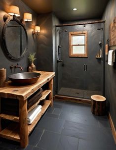 a bathroom with a sink, mirror and stand up shower in the middle of it