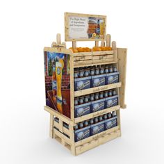 a wooden display with beer cans and crates on it's sides, displaying an advertisement for miller's