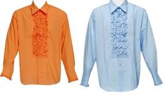 two men's shirts with ruffles on the front and back, one in blue and orange