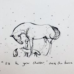 a drawing of an elephant and its baby in the snow with words written on it