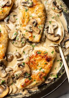 chicken with mushrooms and gravy in a skillet