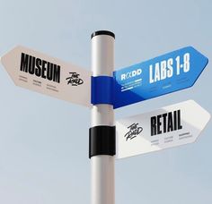 two street signs pointing in opposite directions on a pole against a blue sky background with the words museum, labs - t - 8 and retail