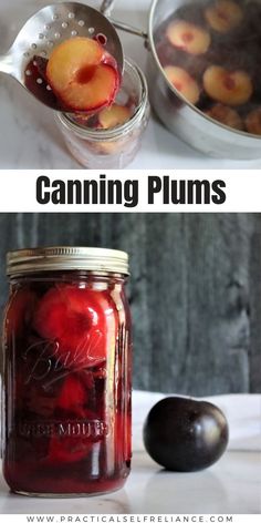 canning plums in mason jars with text overlay