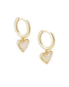 Gold Earrings Kendra Scott, Kendra Scott Gold Hoop Earrings, Gold Jewelry Kendra Scott, Hoop Earring With Charm, Kendra Scott Heart Earrings, Cute Earrings Aesthetic, Preppy Earrings, Nail Inspired, Gold Heart Earrings