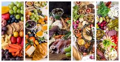 four pictures show different types of food on plates and in the middle one is an assortment of meats, cheeses, and vegetables