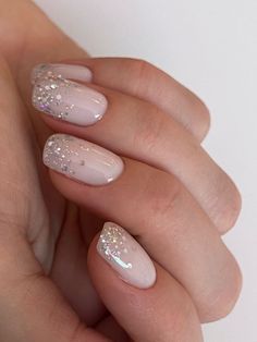 French Nails Acrylic Sparkle, Neutral Sparkle Nails Acrylic, Valentines Day Neutral Nails, Neutral Finger Nails, Neutral Pink Glitter Nails, Minimalistic Glitter Nails, Neutral Nails With Silver Glitter, Neutral With Glitter Nails, Neutral Gel Nails With Glitter